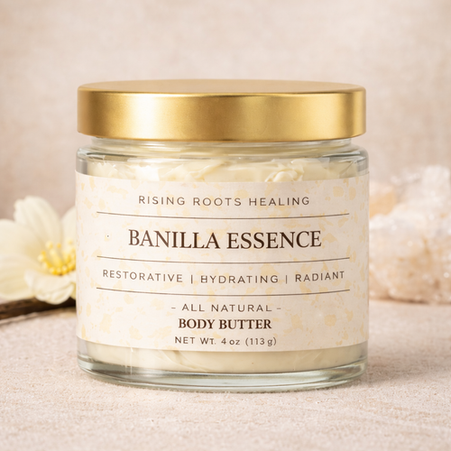 Jar of 'Banilla Essence' body butter with a gold lid on a beige background